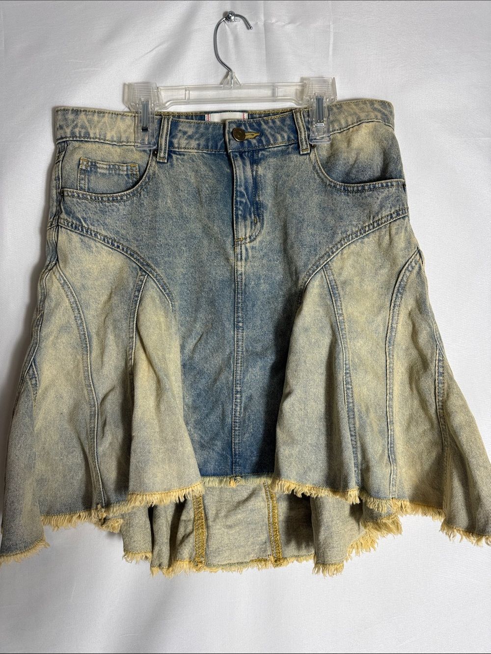 BDG Urban Outfitters Reagan Spliced Denim Mini Skirt Ruffle Flare Fluted Size M